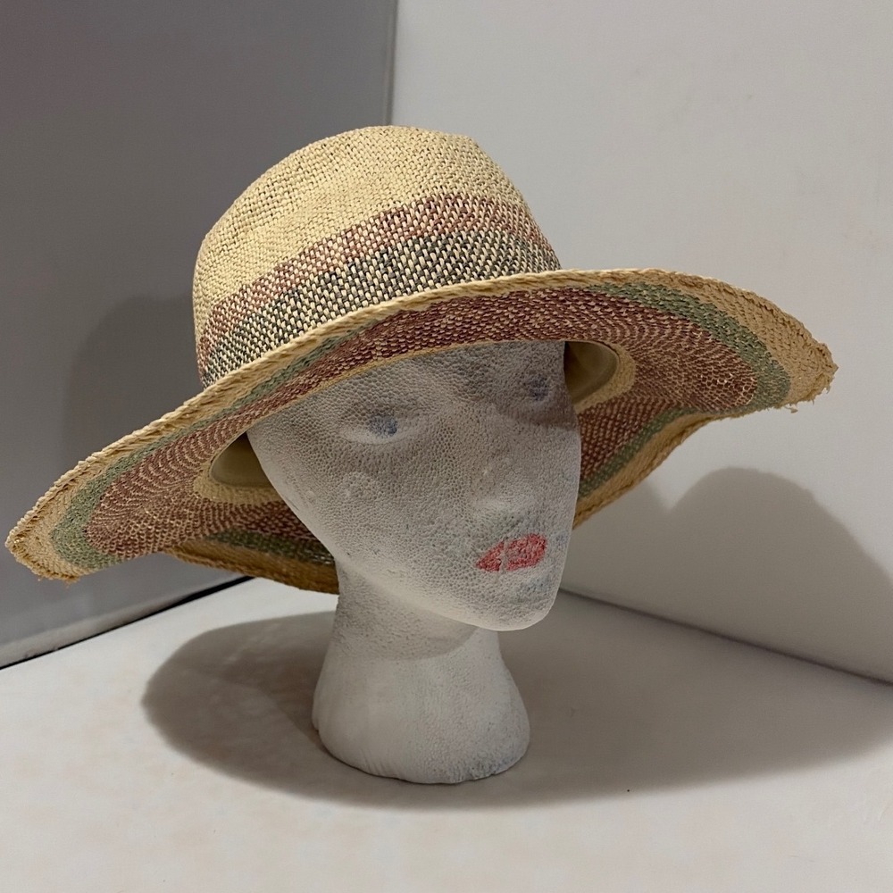 Woven Paper Straw Sun Hat Wide Brim Fedora Striped Boho Beach Tan Green 57cm - Picture 2 of 7